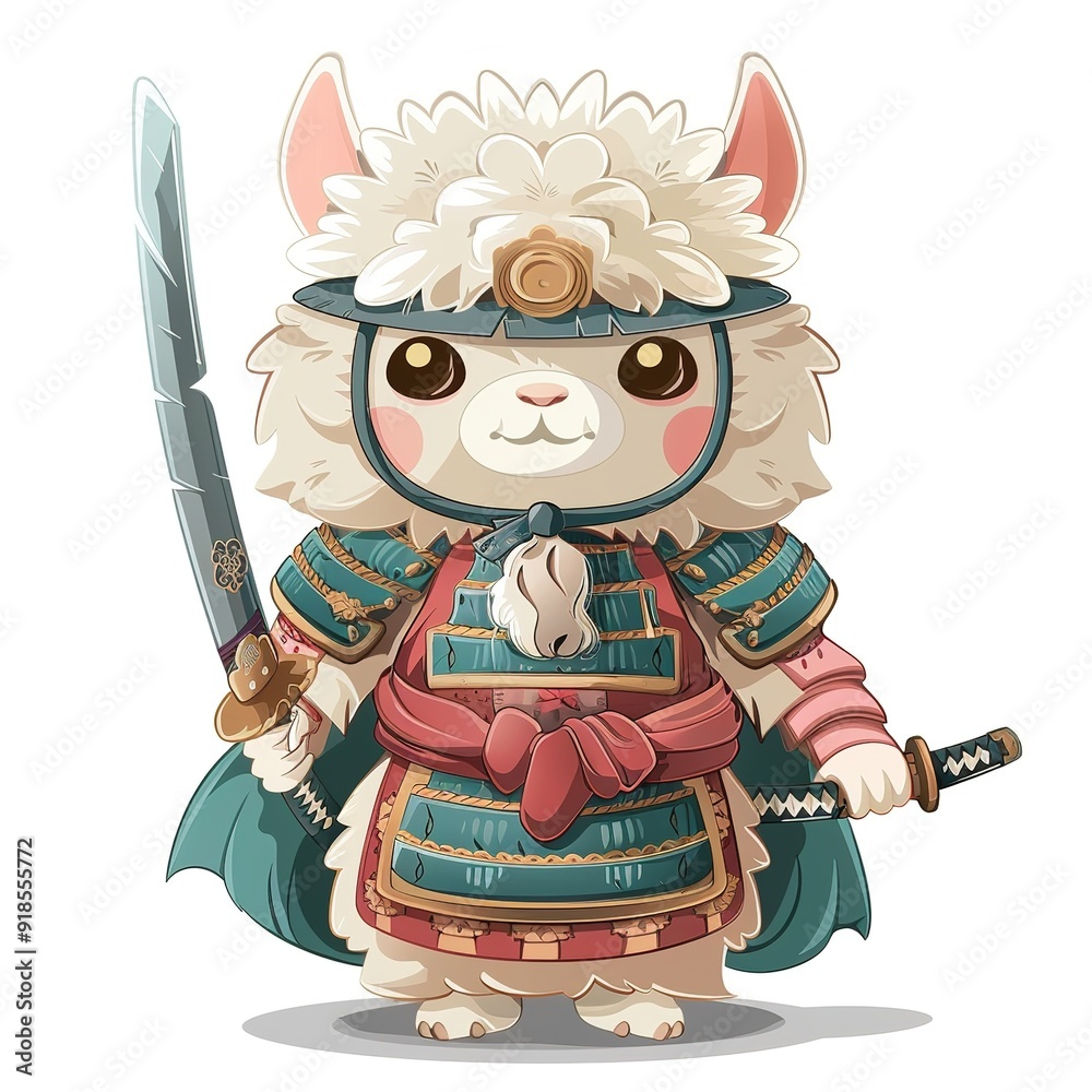 Fototapeta premium Alpaca samurai fantasy animal cartoon isolated whitebackground