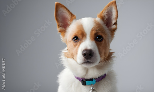 Adorable puppy dog posing for pet portrait on grey background