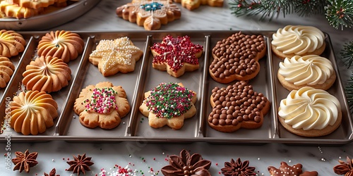 Decorated Christmas cookies on baking sheets, a festive holiday treat.