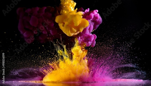 A dynamic explosion of bright yellow and magenta paint droplets suspended in motion, set aga photo