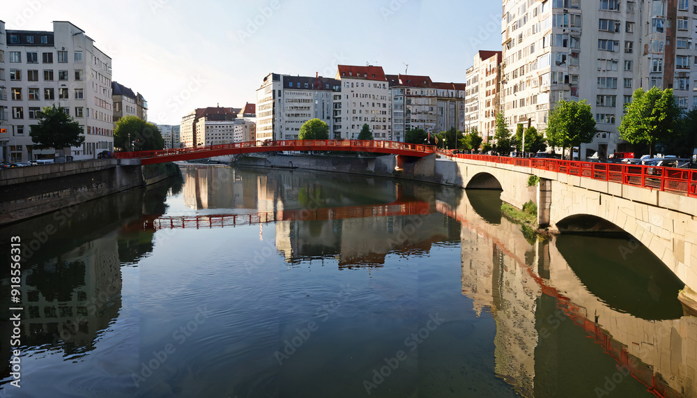 Obraz premium Reflets sur la rivière dans la ville au pont rouge