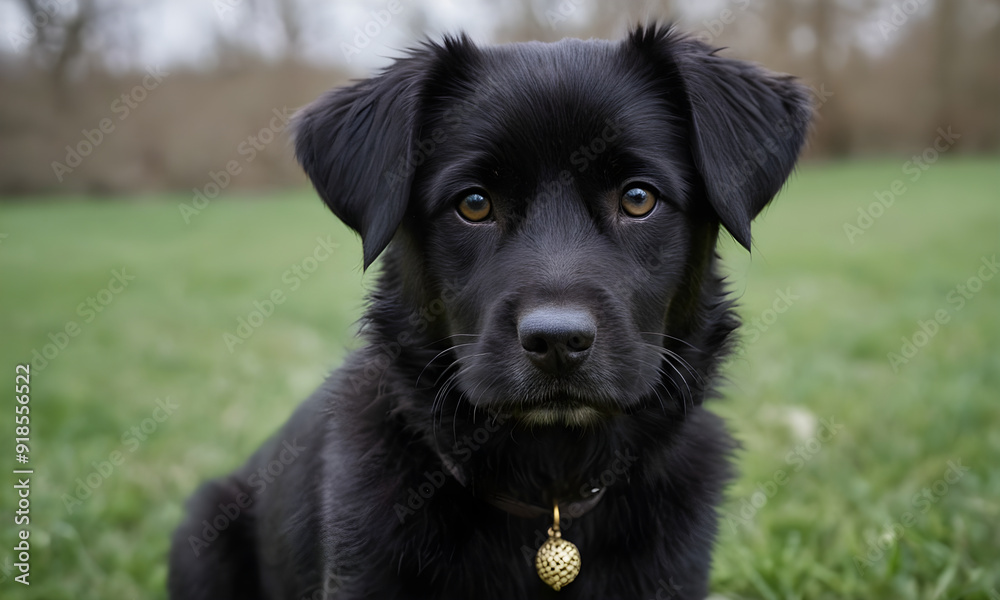 Black labrador puppy dog sitting in grass field Black labrador puppy dog sitting in grass field