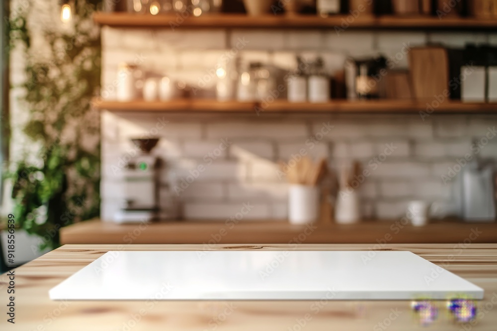 A white table stands prominently in front of a softly blurred kitchen background featuring wooden shelves and various kitchen items A white table stands prominently in front of a softly blurred kitchen background featuring wooden shelves and various kitchen items