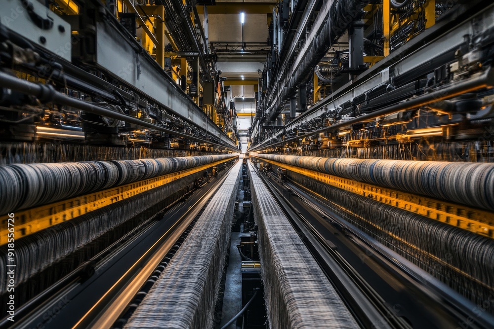 The interior of a textile mill shows advanced carding machinery focused on weaving fibers into gloves, highlighting the meticulous process of textile production The interior of a textile mill shows advanced carding machinery focused on weaving fibers into gloves, highlighting the meticulous process of textile production