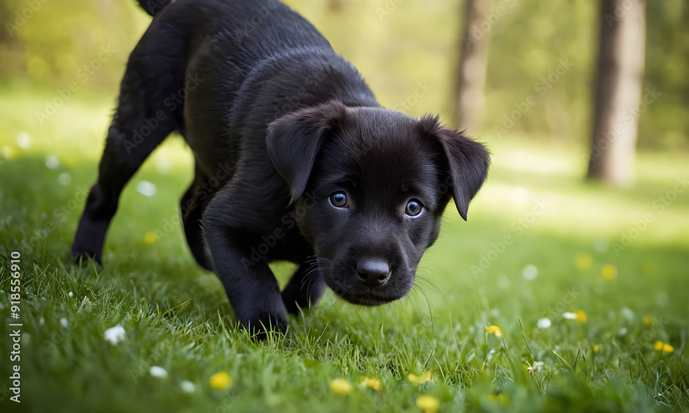 Black labrador puppy walking on grass in a park Black labrador puppy walking on grass in a park