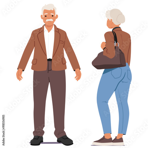 Elderly Couple Standing Front And Rear View Position. Old Man Wears A Brown Jacket And Pants, Vector Illustration