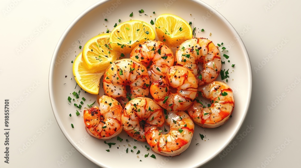 Grilled Shrimp with Lemon Slices on a Plate Grilled Shrimp with Lemon Slices on a Plate