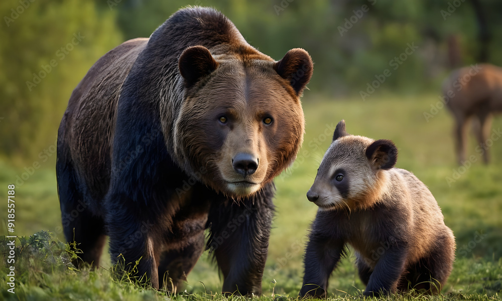 Brown bear mother walking with adorable baby bear cub in wilderness Brown bear mother walking with adorable baby bear cub in wilderness