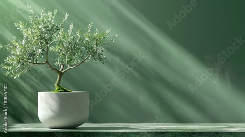 legant Indoor Olive Tree in Rustic Stone Pot - Minimalist Green Foliage against Olive Green Background for Home Décor Inspiration - Perfect Plant for Interior Design, Eco-Friendly Aesthetic, and Natur photo