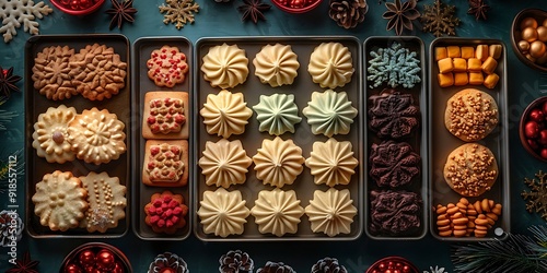 A festive assortment of Christmas cookies on baking sheets, surrounded by holiday decorations.