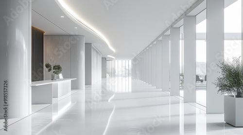 Clean and tidy, overall white, modern office, beautiful. Generative AI.