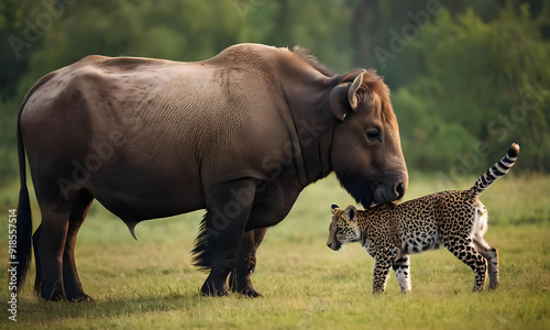 Giant eland antelope showing affection to baby leopard cub photo