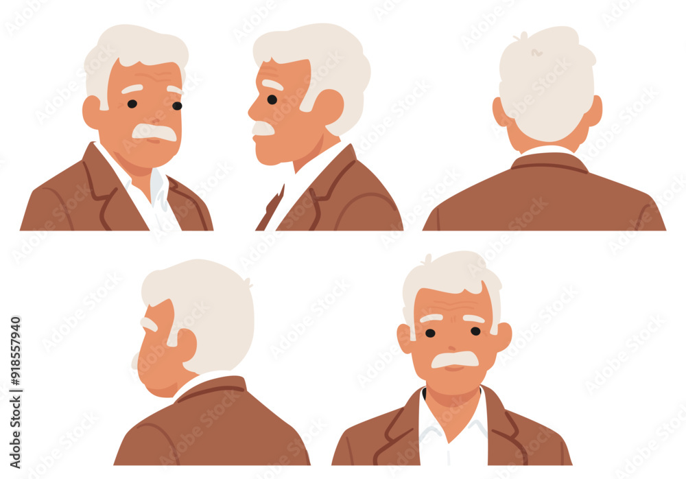 Animated Old Man In Different Views Includes Front, Side, And Back Profiles, Showcasing Senior Male Character Features Animated Old Man In Different Views Includes Front, Side, And Back Profiles, Showcasing Senior Male Character Features
