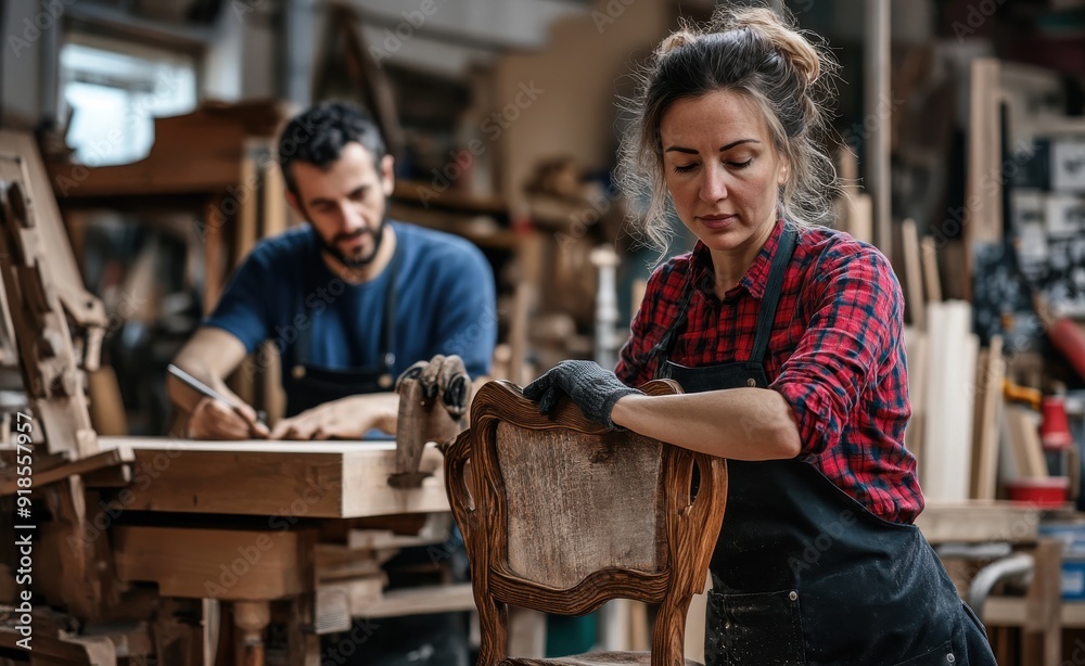woman working on shining up an old chair in her workshop while another man works behind woman working on shining up an old chair in her workshop while another man works behind