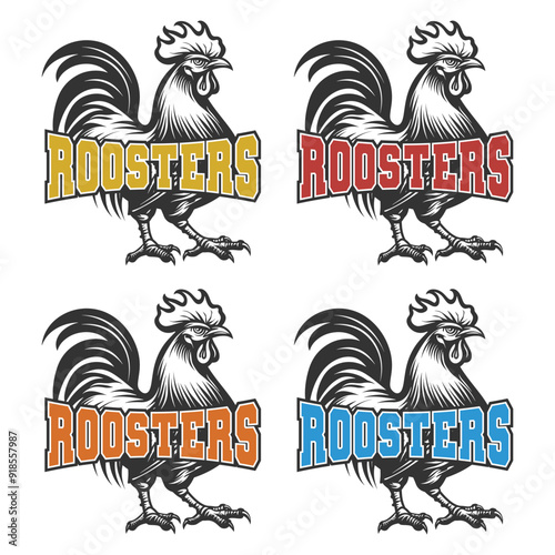 Roosters Illustration Clip Art Design Shape. Mascot Silhouette Icon Vector.