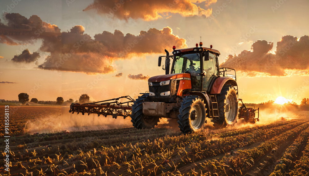 Fototapeta premium Tracteur agricole au coucher du soleil