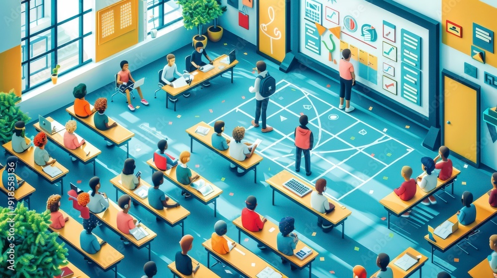 Obraz premium Modern Classroom, E-Learning and Education: Dynamic images of students, teachers, online learning, educational tools, and technology integration.