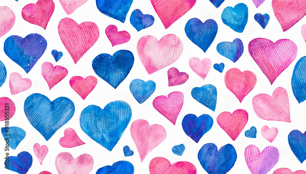 Watercolor pattern with pink and blue hearts on white background. Hand drawn art. Watercolor pattern with pink and blue hearts on white background. Hand drawn art.
