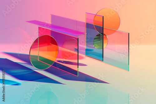 Minimalist abstract design with floating transparent rectangles and circles in vibrant colors, casting shadows on a gradient background.