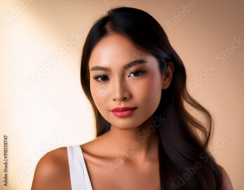 portrait of a young asian woman with flawless skin and kbeauty makeup her serene expression framed by soft lighting and a minimalistic background emphasizing her healthy and radiant complexion photo