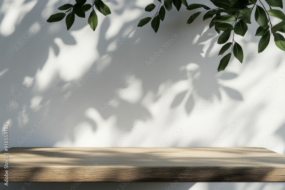 3d rendering of empty wooden table with tree leaf shadow on white wall background for product display 3d rendering of empty wooden table with tree leaf shadow on white wall background for product display