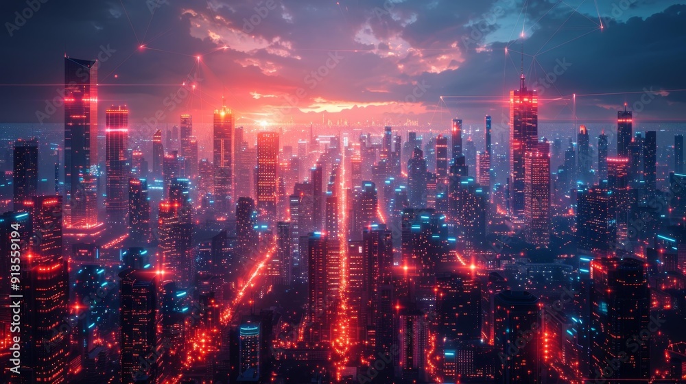 Fototapeta premium Futuristic cyberpunk cityscape at sunset - generative ai