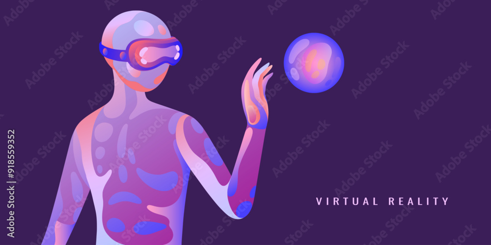VR technology. Virtual reality headset. Abstract 3D glasses for human game experience. Cyberpunk simulator. Augmented experience. Cyber innovation. Vector graphic cyberspace concept VR technology. Virtual reality headset. Abstract 3D glasses for human game experience. Cyberpunk simulator. Augmented experience. Cyber innovation. Vector graphic cyberspace concept