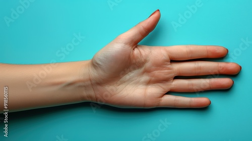 A human hand resting on a turquoise surface during daylight photo