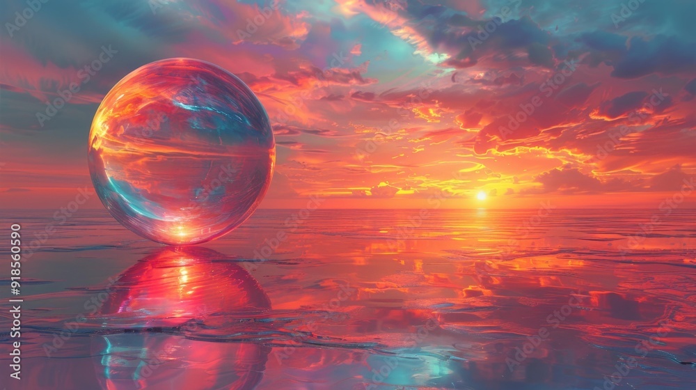 Surreal glass sphere reflecting vibrant sunset - generative ai Surreal glass sphere reflecting vibrant sunset - generative ai