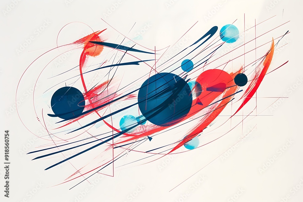 Minimalist abstract piece with bold lines and circles in bright red and blue, arranged to create a dynamic effect on a white background.