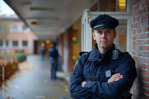 male security guard standing in uniform with arms crossed in front of the entrance.