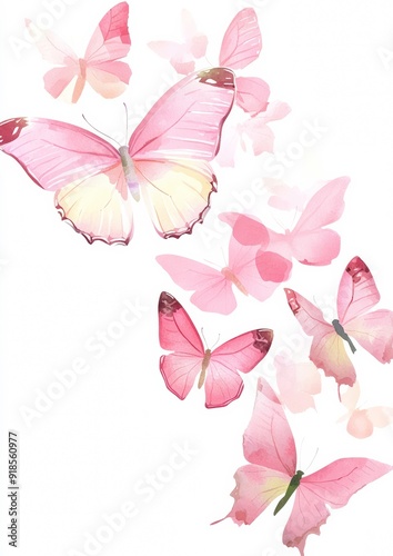 Butterflies in Pastel Pink Watercolor Style on White Background - Nature Aesthetics - Print Media