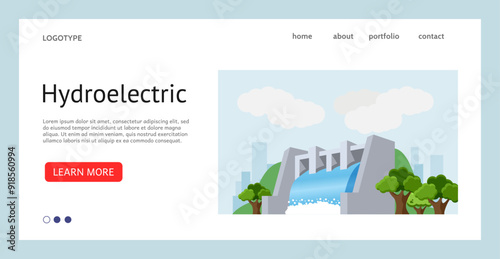 Power plant landing page. Hydroelectric station. Electricity generation. Renewable energy of water. Website design template. Alternative resource. Hydropower turbines. Vector background