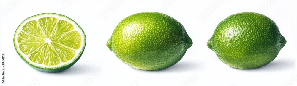 A collection of three images featuring limes, with one cut in half and the other two whole against a white background. A collection of three images featuring limes, with one cut in half and the other two whole against a white background.