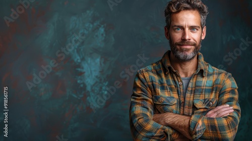 Casual portrait of a smiling man wearing a flannel shirt against a textured dark background in a studio setting