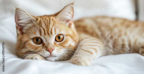 Scottish stright breed, golden chinchilla color. Adorable Scottish Fold kitten with golden chinchilla coloring, lying down with wide, curious eyes. Perfect image for cat lovers photo