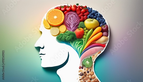 vibrant array of healthy foods forming brain shape rainbow palette white background nutrition infographic concept mindbody wellness illustration photo