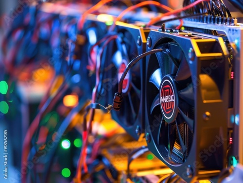 Close-up of high-performance computer graphics cards connected in a cryptocurrency mining setup at nighttime