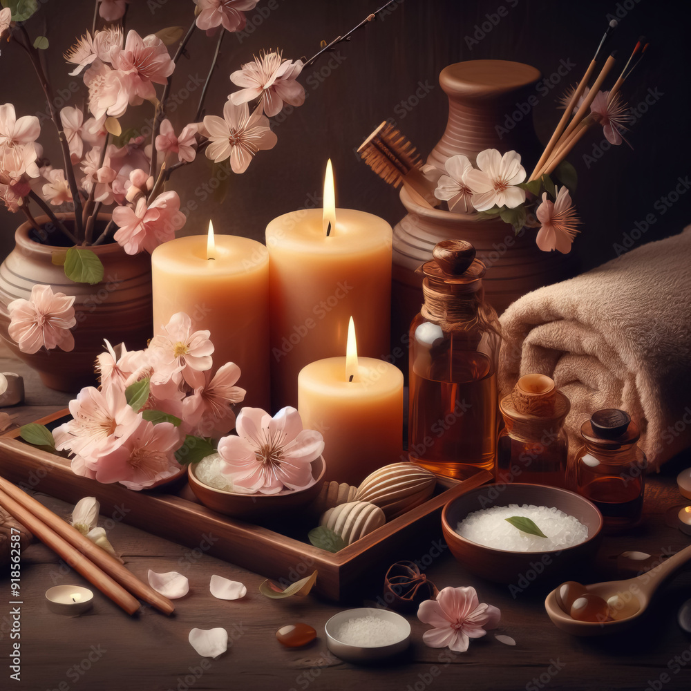 Beautiful Spa still life with aromatic candles and flowers on a wooden background Beautiful Spa still life with aromatic candles and flowers on a wooden background