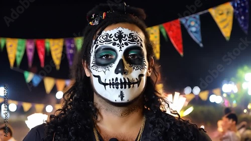 Man with intricate Day of the Dead face paint at night with festive banners in the background. Dia de los Muertos celebration concept photo