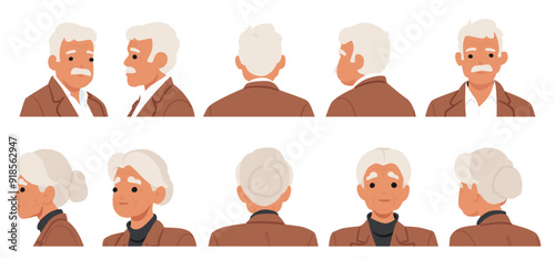 Set Showing Different Profile Views Of An Elderly Man And Woman. Old Characters Wearing Formal Attire Front, Side