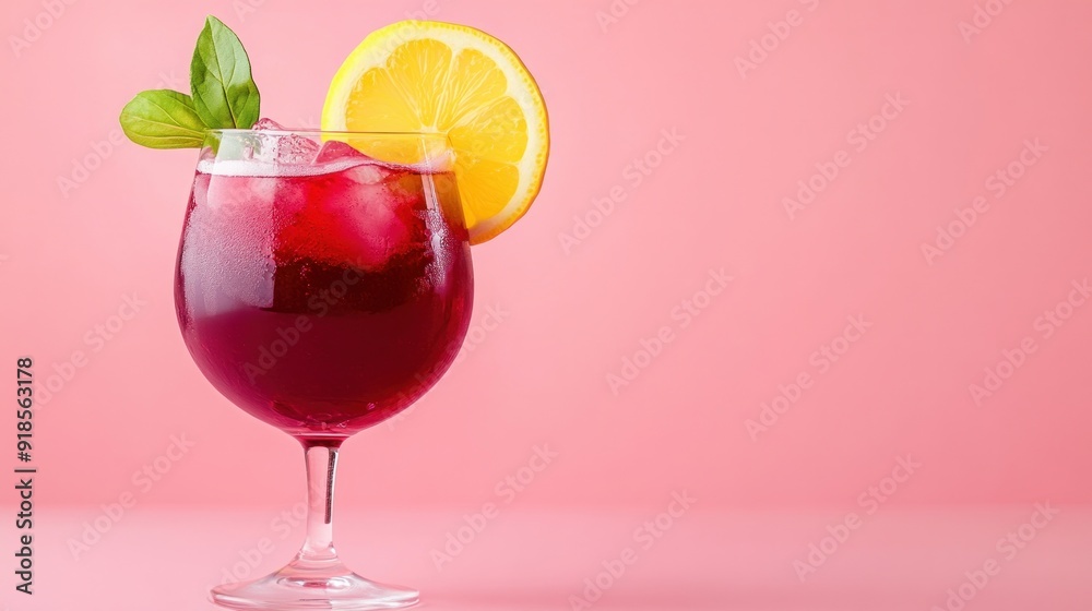 On a pink backdrop copy space, frozen red wine in a glass embellished with a lemon slice and lemon leaves. superior quality image On a pink backdrop copy space, frozen red wine in a glass embellished with a lemon slice and lemon leaves. superior quality image