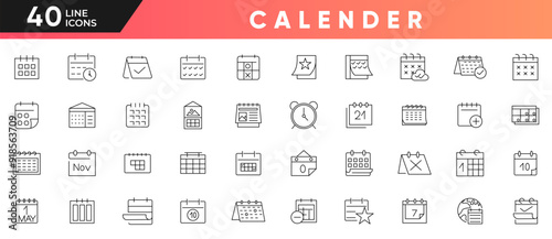 Calendar line icon set. Containing date, schedule, month, week, appointment, agenda, organization, plan, month, week, outline icon collection. UI thin line icon pack.