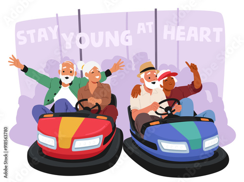 Cheerful Older Adults Having Fun Riding Bumper Cars At An Amusement Park. Cartoon Image Shows Happiness and Joy