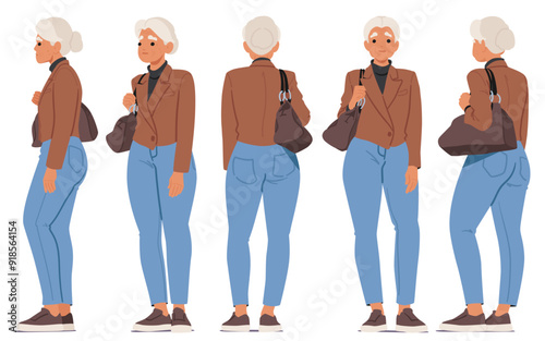 Elderly Woman Shown In Different Profile Views Wearing A Casual Outfit. Aged Character Dressed In Brown Jacket and Jeans