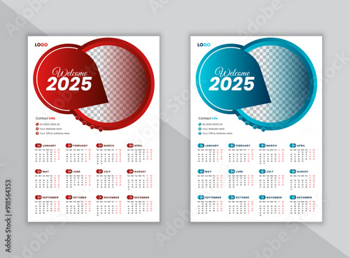  One page wall calendar design template 2025, modern 12 months one page calendar design, clean, minimalist, elegant design template for 2025, vector design template for 2025 with 2 multiple colors.
