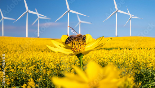 Bee on Bright Yellow Flower, sustainable energy solutions, green technology. In front of wind turbines. photo