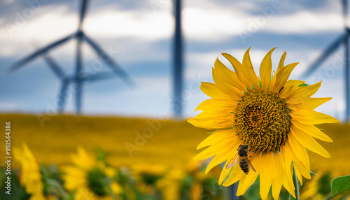 Bee on Bright Yellow Flower, sustainable energy solutions, green technology. In front of wind turbines. photo