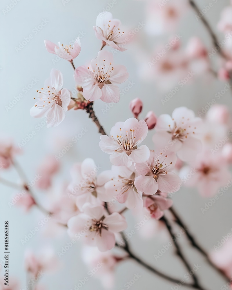 Soft focus shot of pale pink cherry blossoms against a white background, evoking a sense of peace and tranquility Soft focus shot of pale pink cherry blossoms against a white background, evoking a sense of peace and tranquility