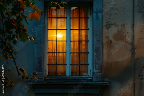 A window with a curtain is lit up by the sun. The light shines through the window, illuminating the room. The scene has a warm and inviting atmosphere, as the sunlight creates a cozy
